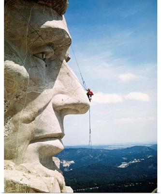 Mount Rushmore Repairman Working On Lincoln's Nose