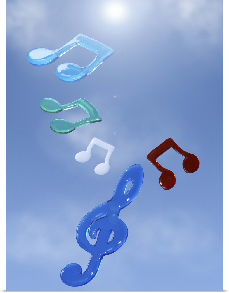 Musical notes floating in blue sky