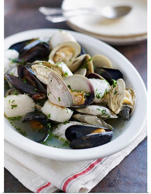 Mussels, scallops, clams in broth