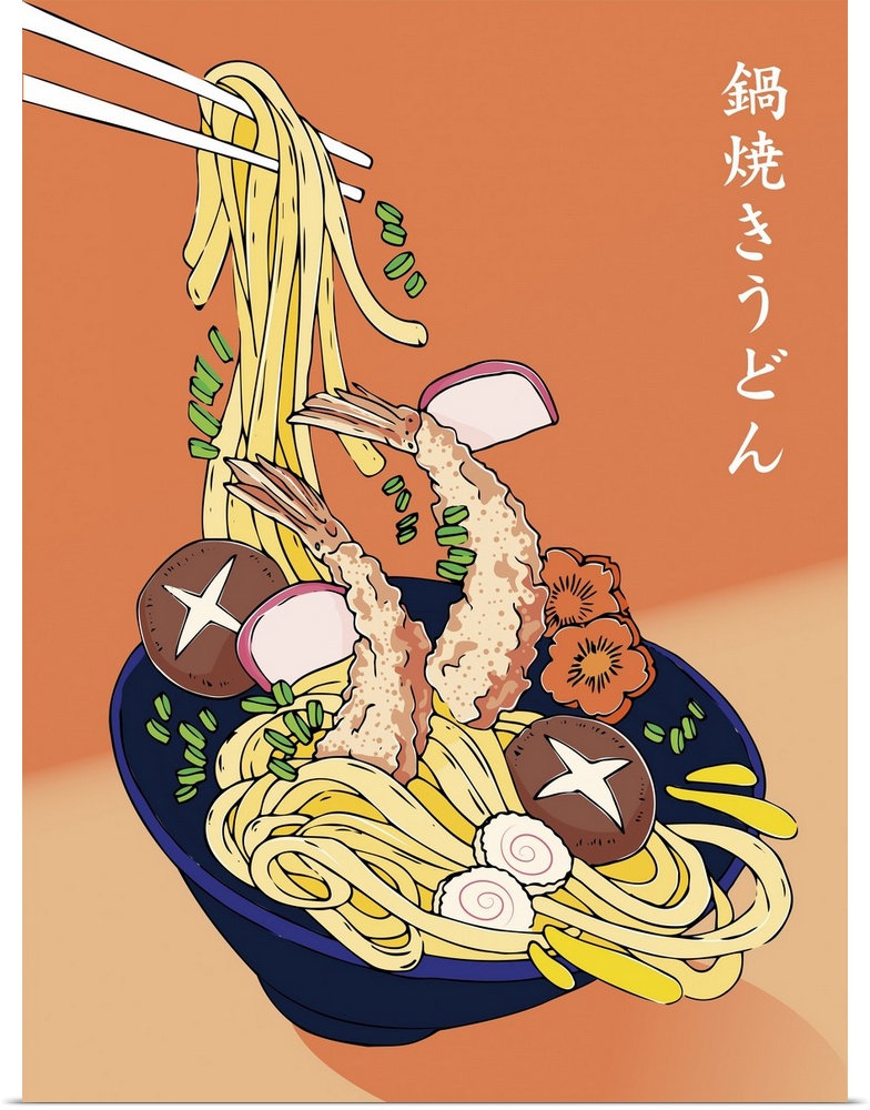 Nabeyaki Udon with deep-fried tempura shrimp in a large bowl.