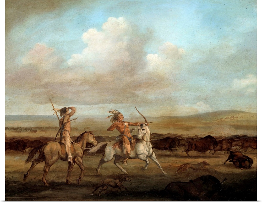 Native Americans on horseback hunting bison. Painting by George Catlin (1794-1872), 19th century. Museum of the New World,...
