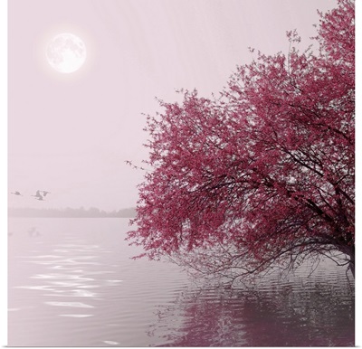 Nature and landscape. Red tree on a lake. Moon in the distance.
