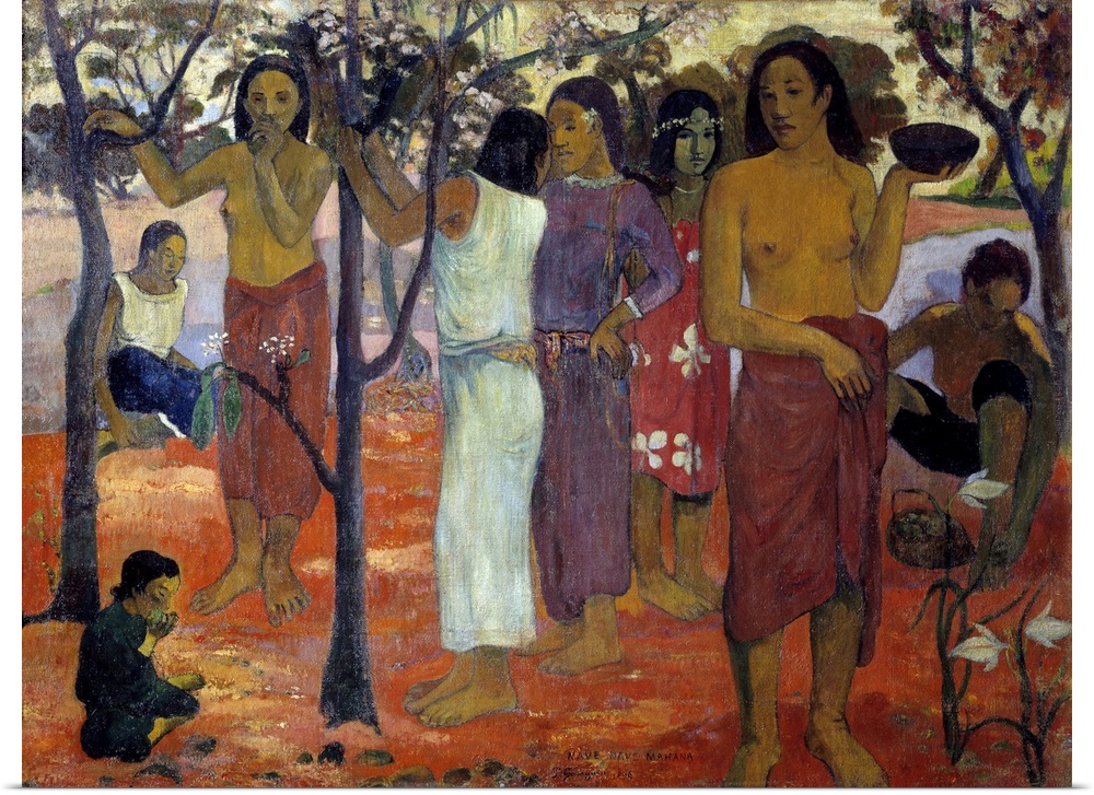 Nave Nave Mahana also known as "Delicious Day". A group of Tahitian women in a garden. Painting by Paul Gauguin (1848-1903...