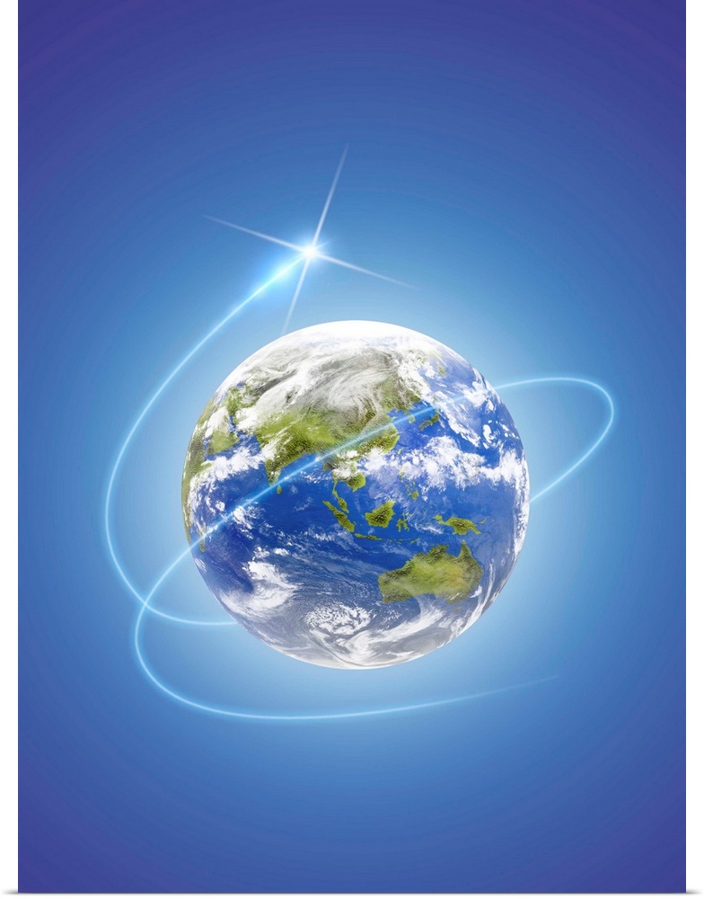Network light surrounding the earth, computer graphic, blue background