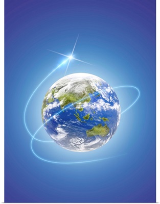 Network light surrounding the earth, computer graphic, blue background