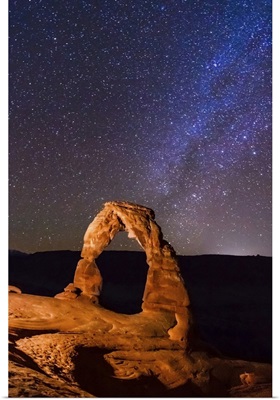 Night view of delicate arch and stars . Arches National Park, Moab, Utah, United States.