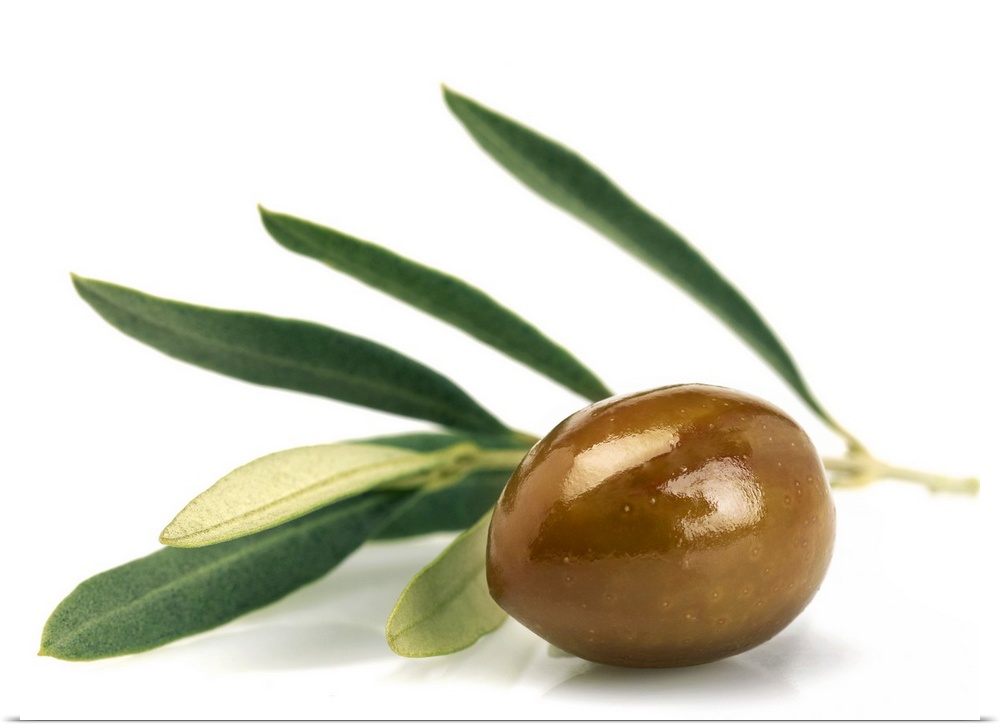 Green olive with leaves shot on white background. Studio shot, horizontal frame.