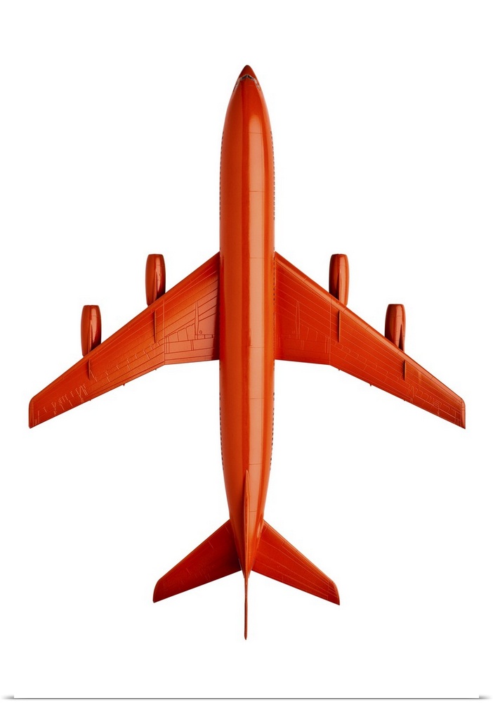 Orange plastic model of an airliner / plane, on white background, cut out