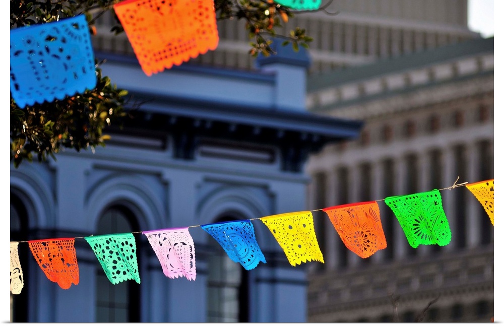 Papel picado banners strung around the Plaza del Pueblo de Los Angeles near Olvera Street for Cinco de Mayo.