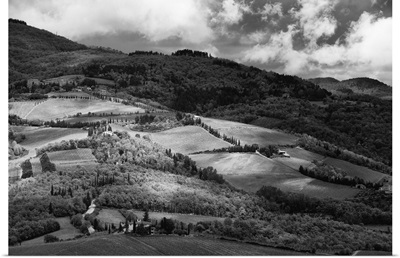 Patches of light and shadow on hills with vineyards in Chianti, Tuscany.