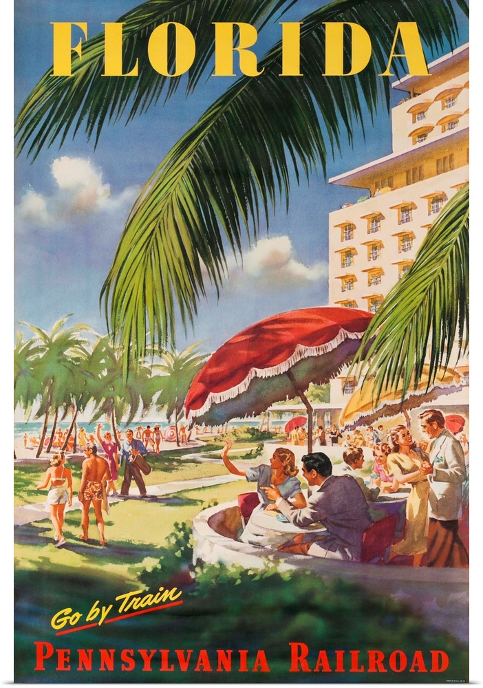ca 1950's travel poster. Happy couples dine and relax ocean side, next to stylish hotel