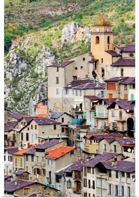 Perched city located in Nice hinterland.The photo shows the church Saint-Sauveur tower.
