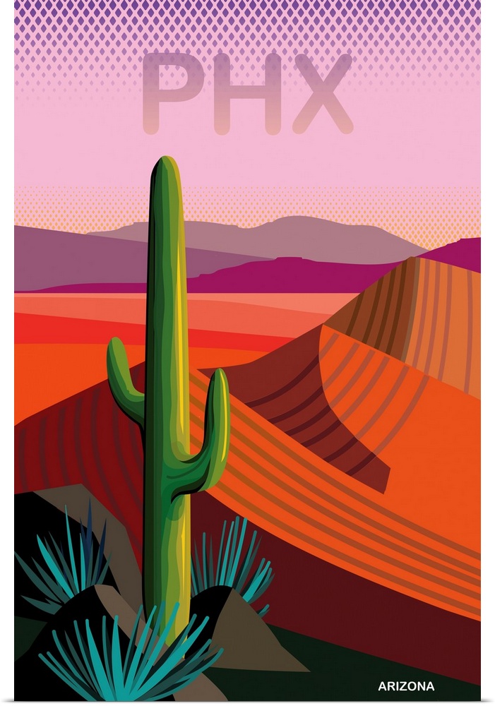 Contemporary poster, simple graphic expression of desert landscape in warm red, pink and purple with saguaro cactus in for...