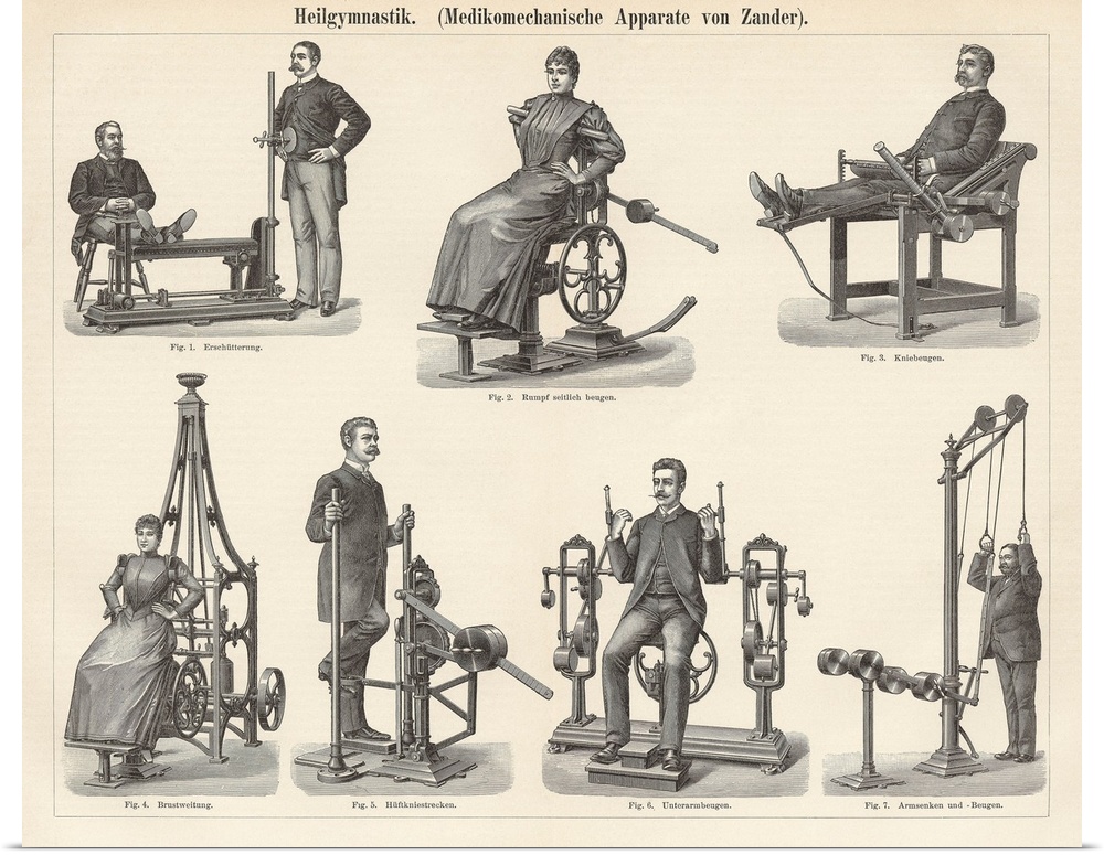 An illustration of various machines used for physiotherapy from an edition of Meyers Konversations-Lexikon, a nineteenth-c...