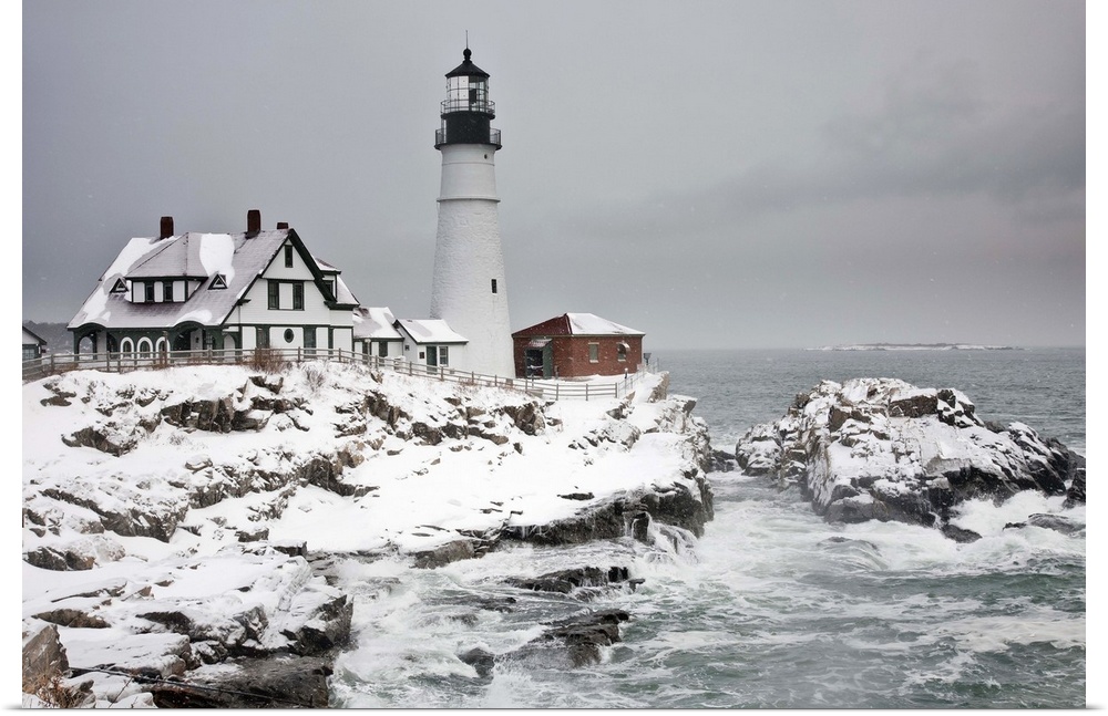 Portland Head Light in snowstorm. Cape Elizabeth, Maine.