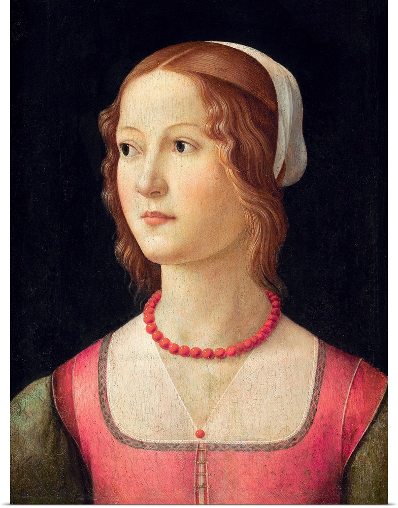 Portrait of a young woman wearing a coral bead necklace. Circa 1485. Tempera on panel. 44 x 32 cm. Located in the Museu Ca...