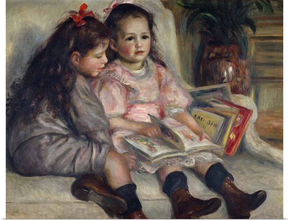 Portraits of children (or The Children of Martial Caillebotte). 1895. Two girls reading. Painting by Pierre Auguste Renoir...