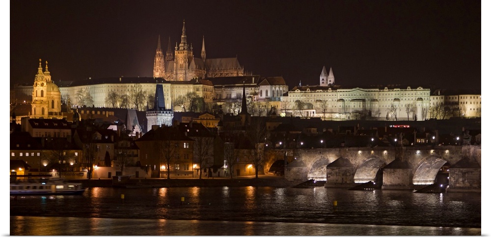 Prague Castle and Charles Bridge at night, Prague, Czech Republic
