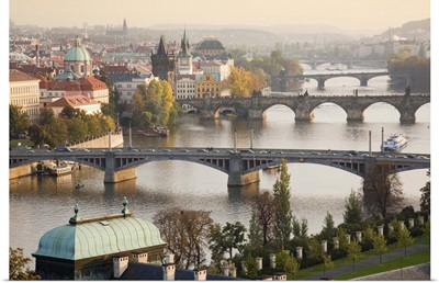 Prague Cityscape with the Vltava River and its Bridges at sunset