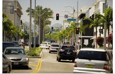 Rear view of traffic on a street, Rodeo Drive, Los Angeles, California, USA