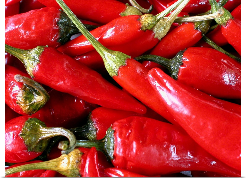 A batch of chili peppers are photographed very closely.