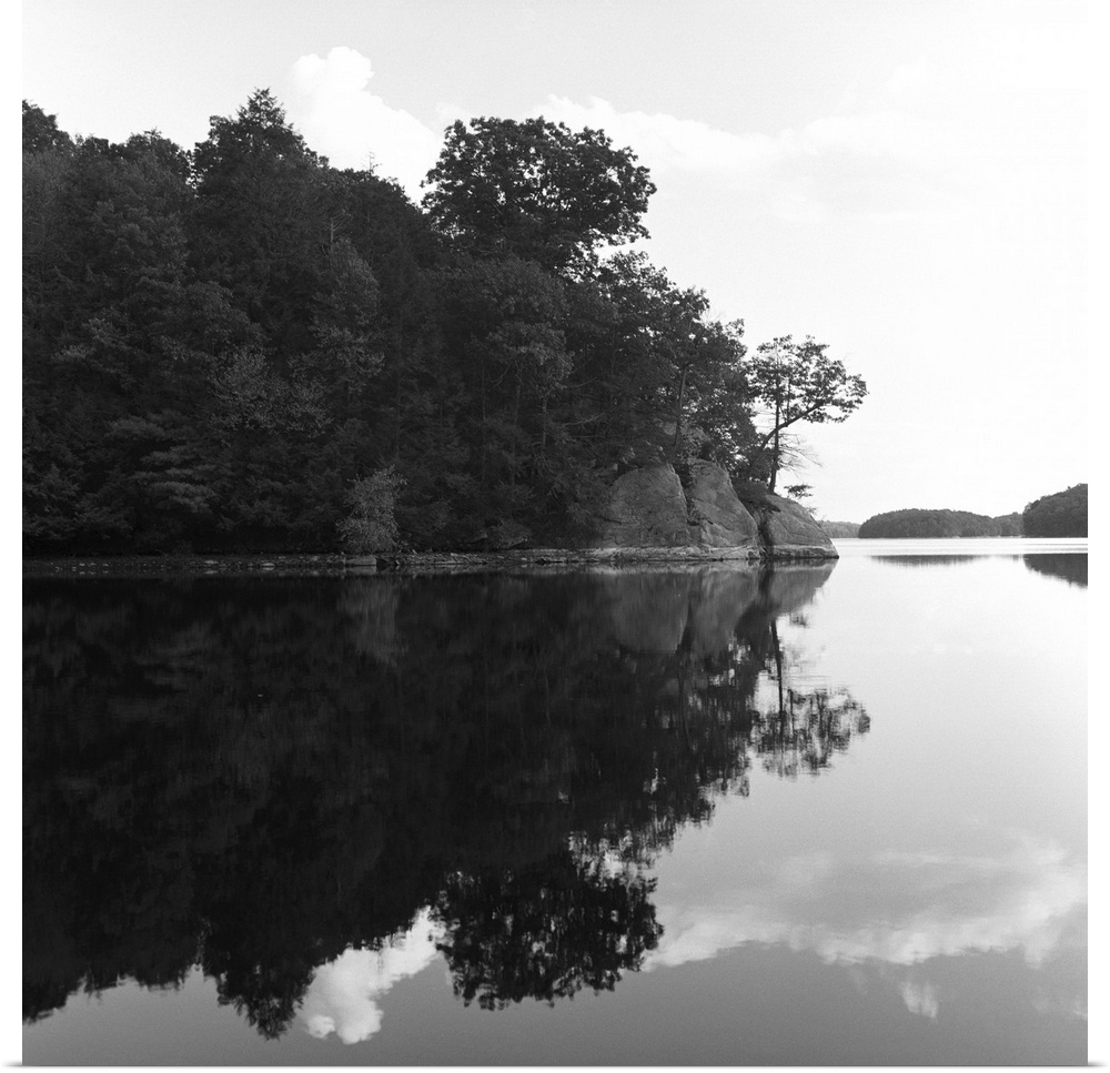 Reservoir reflection, Connecticut. Black and white image.