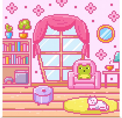 Retro Frog In Living Room With Cat Pixel Art
