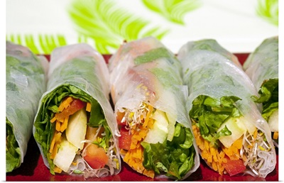 Rice paper rolls with vegetable filling, close-up