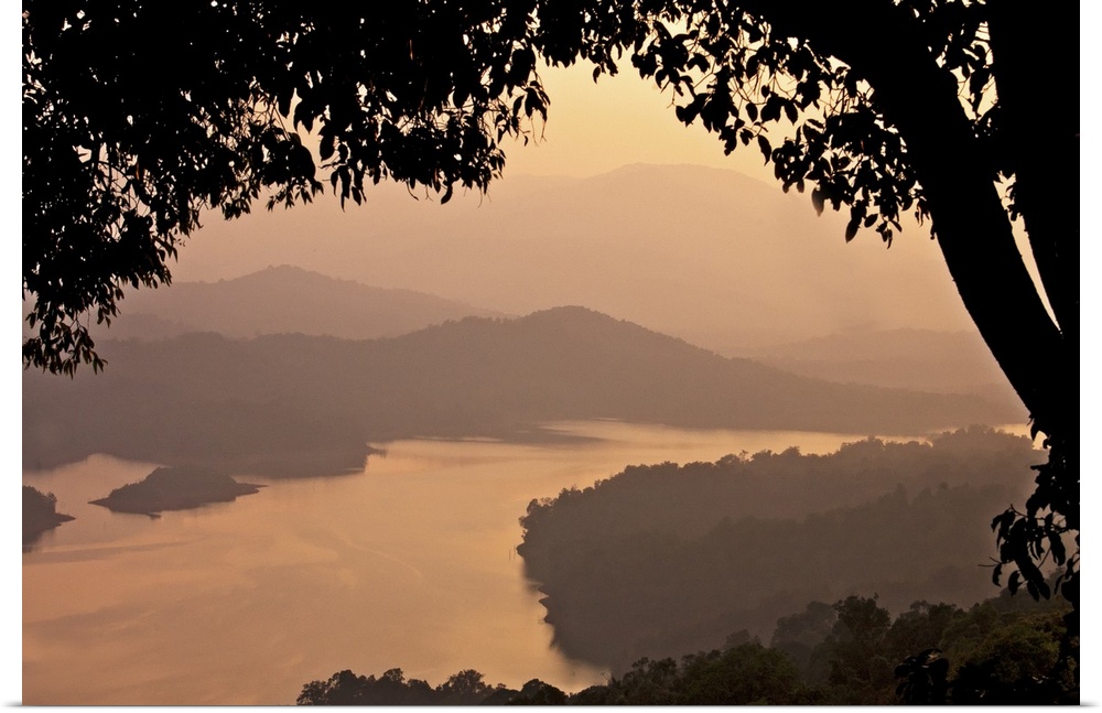 View of river Sharavathi with mountain in background and silhouette tree in foreground at mist evening in Shimoga, Karnata...