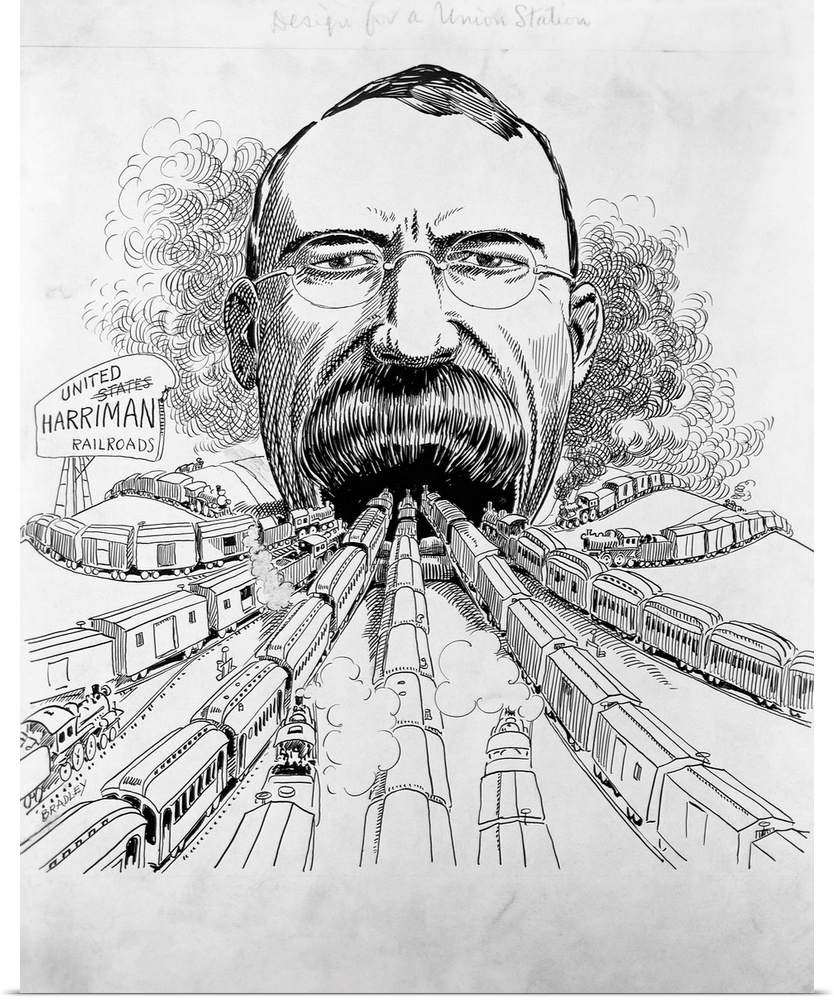 Caricature of industrialist Edward H. Harriman, with the railroads of America all heading toward his mouth. The caption re...