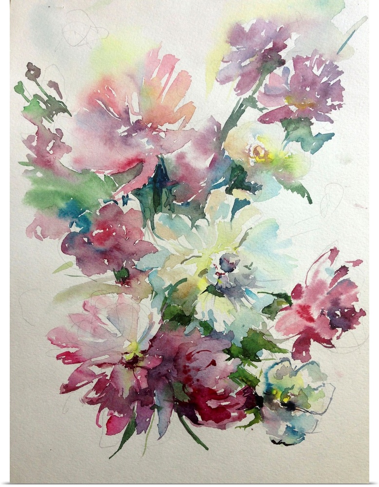 Beautiful watercolor bouquet of aster flowers.