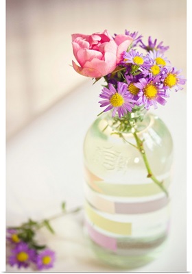 Roses and aster in glass bottle, Stockholm.