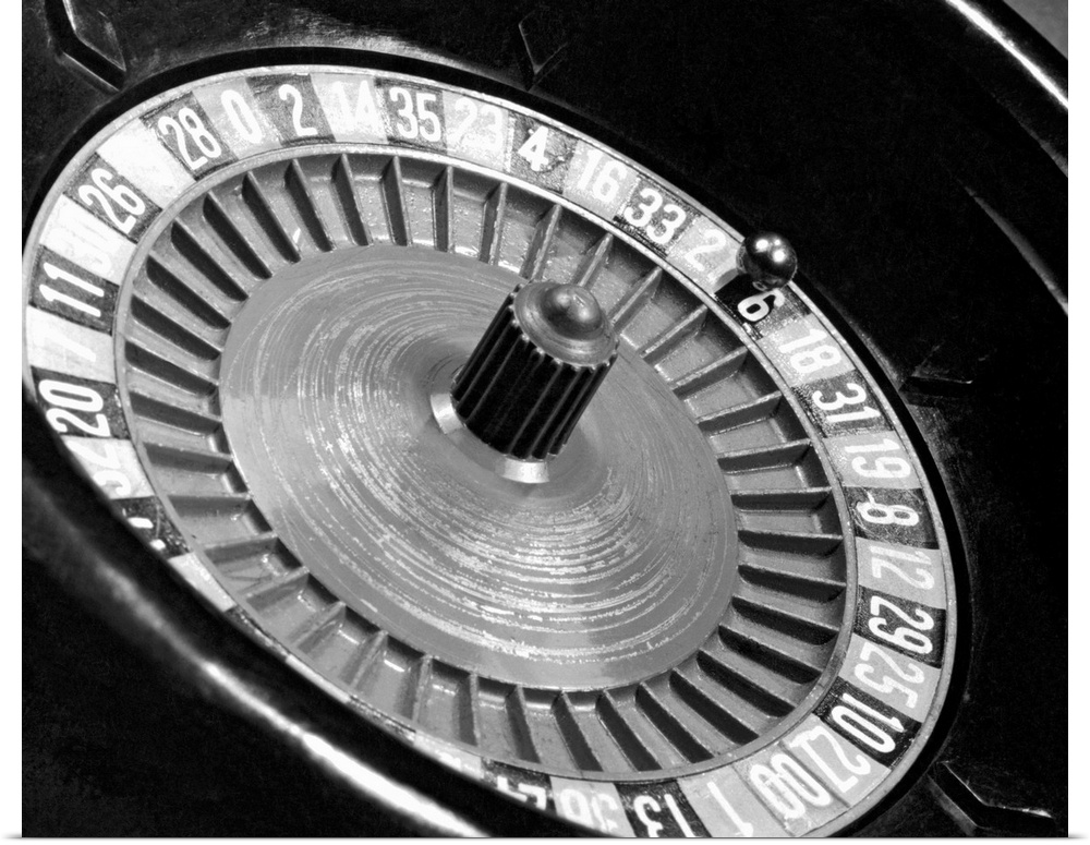 Close-up of a roulette wheel. Undated photograph.