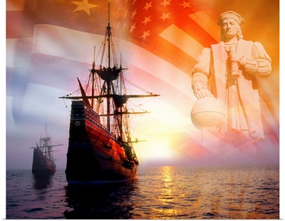 Sailing ships, statue of Christopher Columbus and American flag