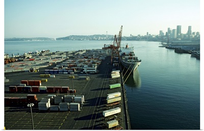 Seattle Docks waterfront; container shipping, elevated view