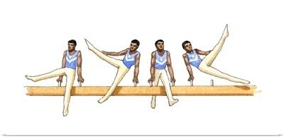 Sequence of illustrations showing male gymnast competing on pommel horse