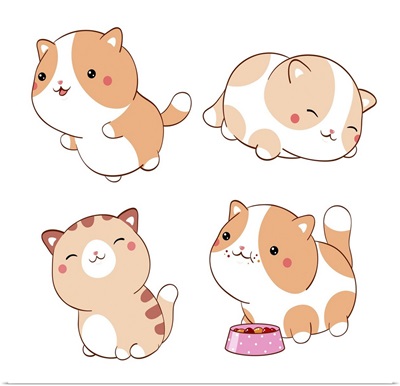 Set Of Cute Fat Cats, Kawaii Style
