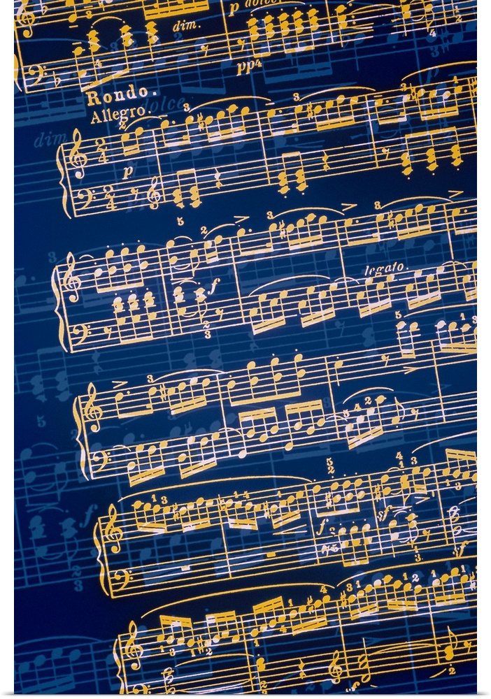 Vertical, large artwork of a slightly angles sheet of music on a dark background.  There is a second sheet of music in the...