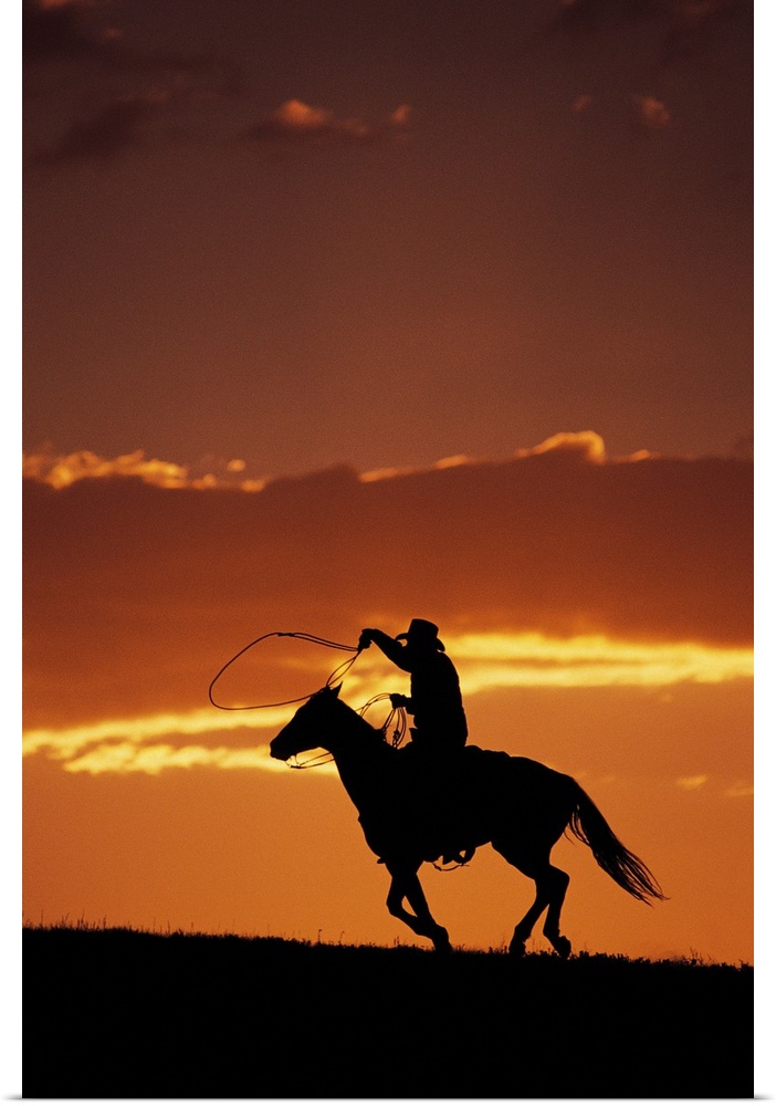 Silhouette of cowboy on horseback at sunset