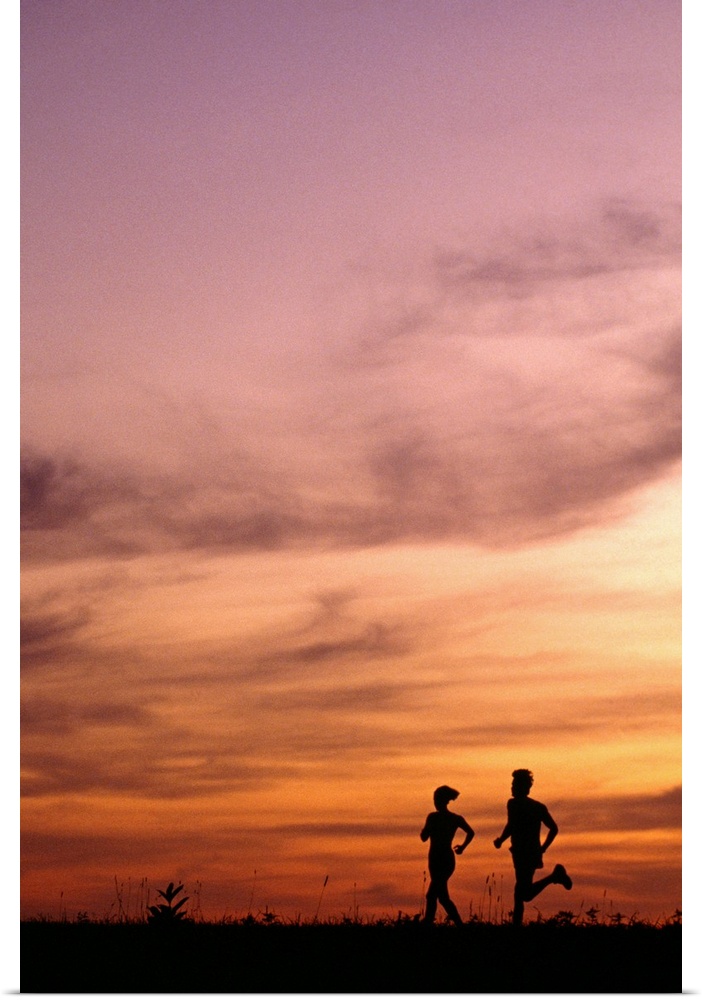 A vertical piece of two runners that are shown at the bottom of the piece and silhouetted by a sunset sky.