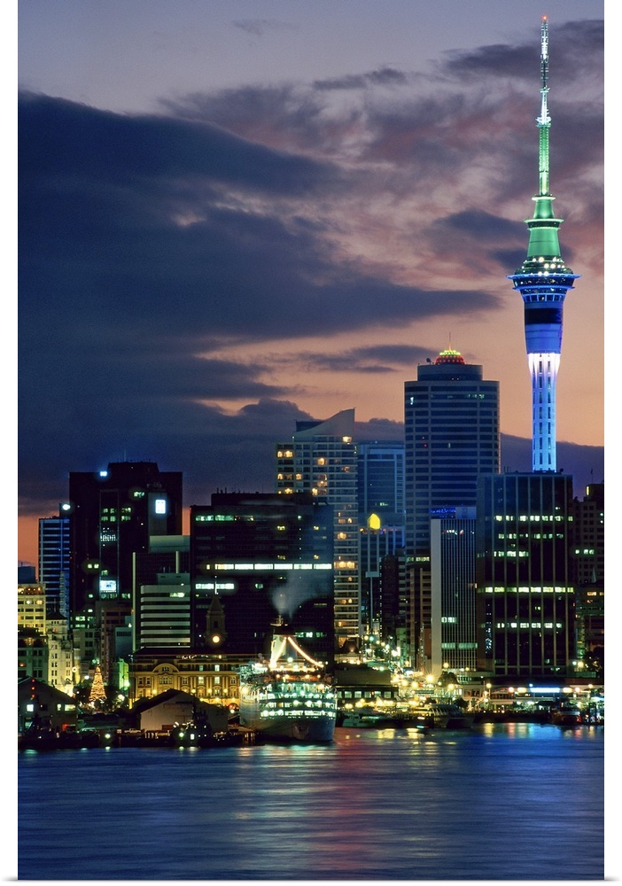 Sky Tower and cruise ships in Auckland Harbour, North Island, New Zealand