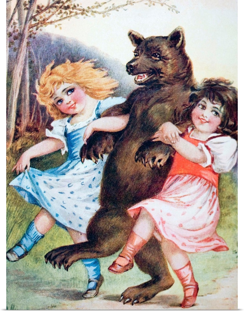 Snow White and Rose Red with the bear. Scene from the Grimm brothers fairy tale Snow White and Rose Red. | Part of: 'Grimm...