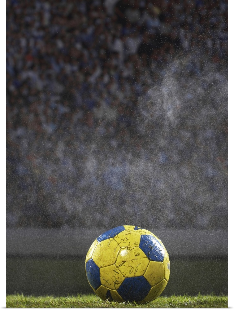 A soccer ball that is covered with wet grass is photographed sitting on a field with the crowd out of focus behind it.