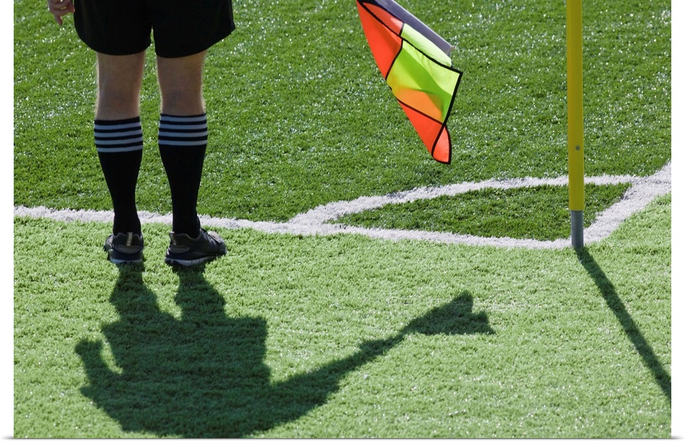 Soccer referee holding flag