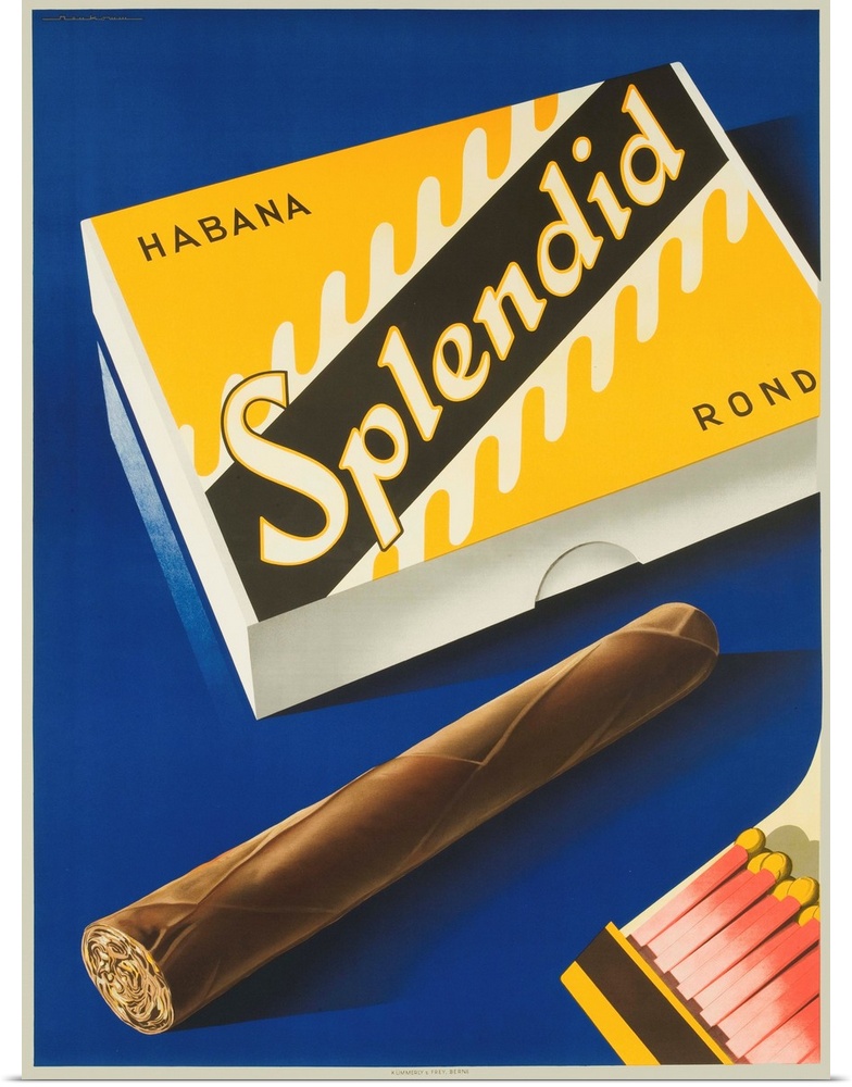 ca 1948 Swiss object poster, stylized cigar and matches. Illustrated by Emil Neukomm