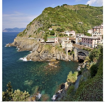 Square crop of railway tunnel in coastal village part of Cinque Terre, Italy.