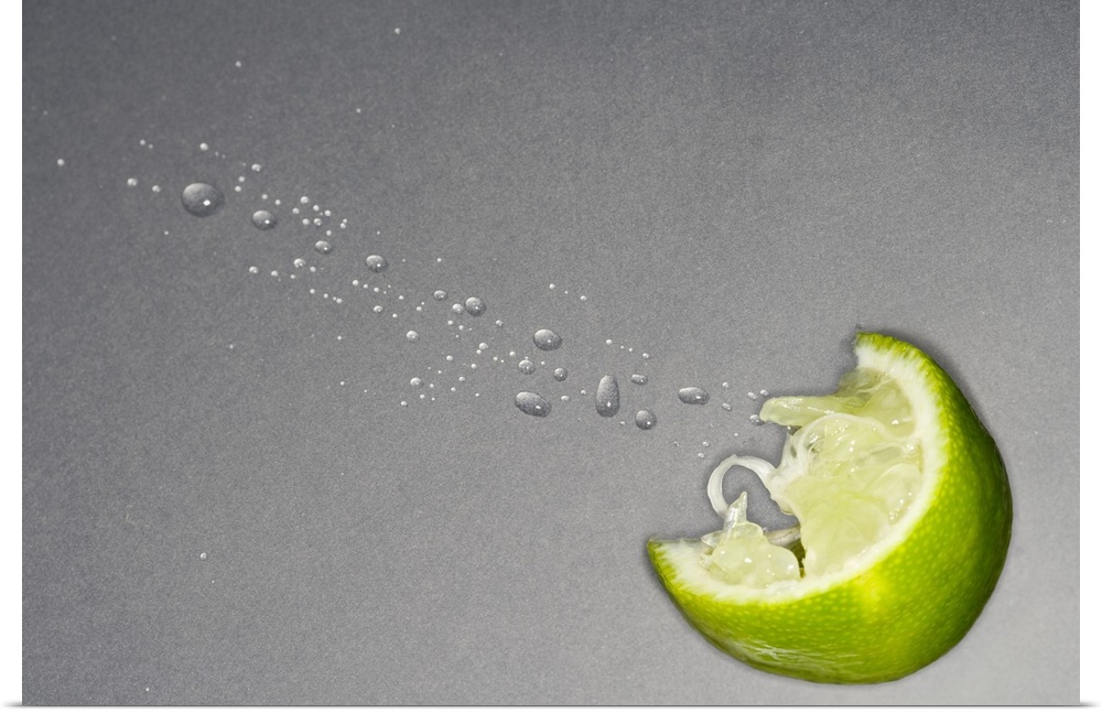 Large canvas photo art of a lime slice with juice coming out on a neutral background.