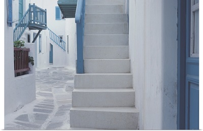 Stairs on side of building, Mikonos, Greece
