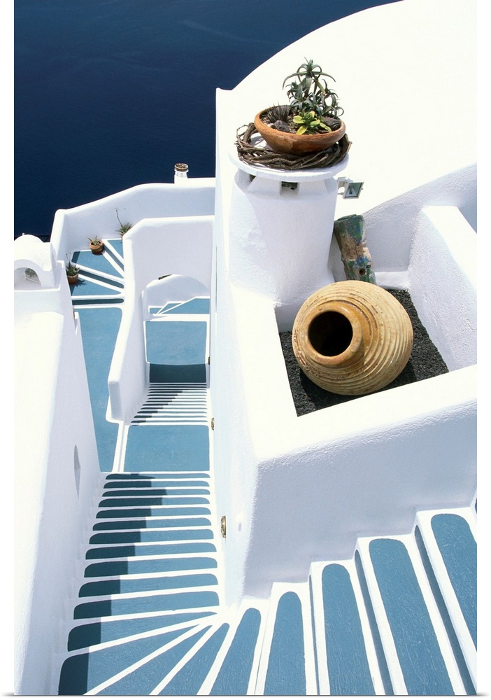 View from above of a Greek Orthodox church in Thira, Cyclades, Greece.