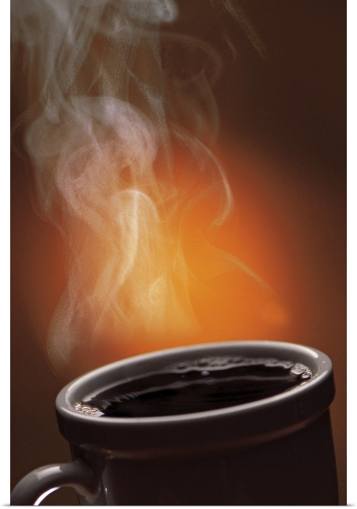 This large vertical piece is a picture taken of a cup of black coffee with steam coming off of it.